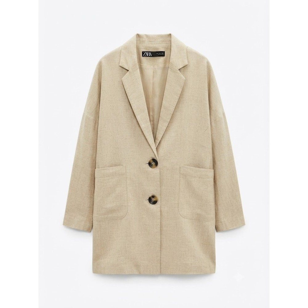 ZARA‎ Women Blazer Tan 100% Linen Two Button Longline Relaxed Fit Jacket Size L